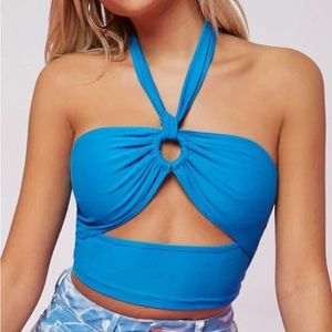 Ruched O-Ring Cutout Self-Tie Halter Crop Top